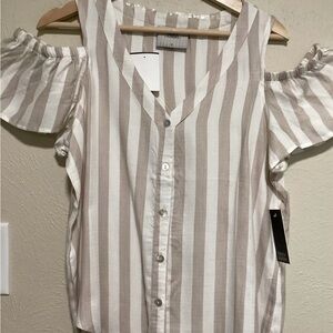 French Laundry Light Brown and White Striped Cold-Shoulder Blouse